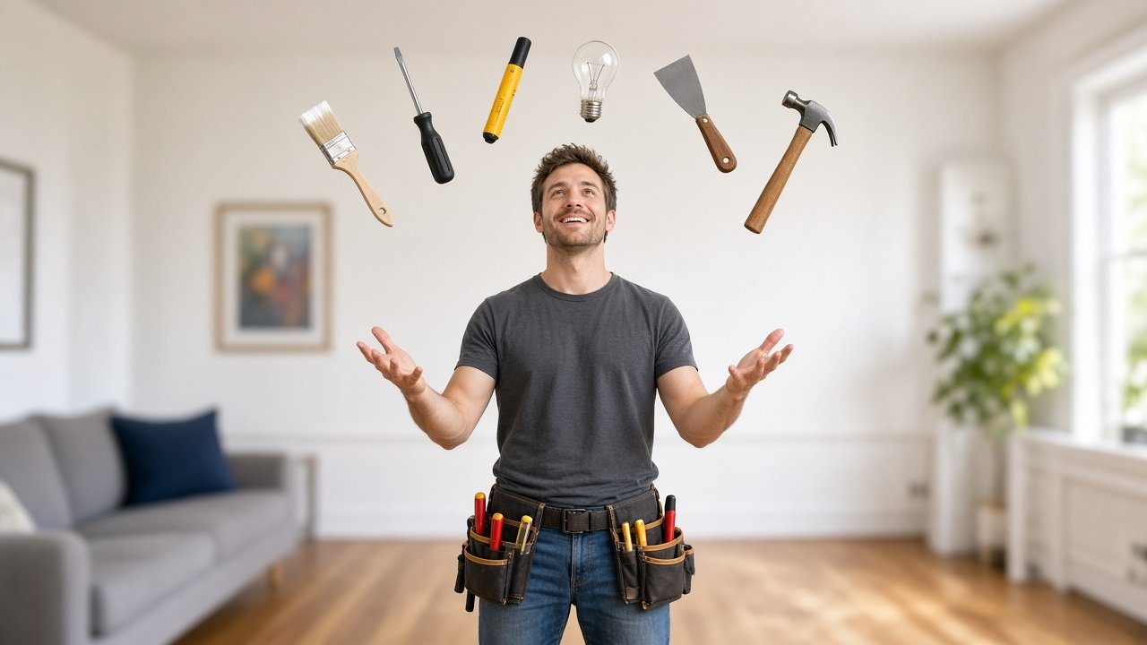 Handyman juggling a paintbrush, screwdriver, voltage tester, light bulb, putty knife, and hammer